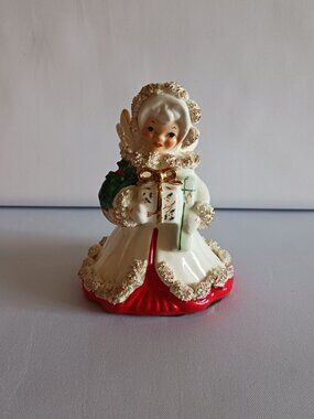 1950's Napco Spaghetti Trim Christmas Angel W/Gift & Wreath
